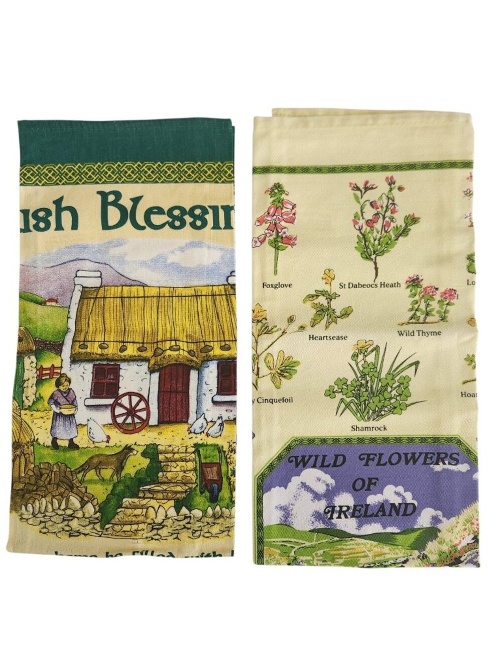 Gift Set of 2 Tea Towels Irish Cottage Blessings and Irish Wildflowers NWT